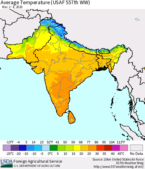 Southern Asia Average Temperature (USAF 557th WW) Thematic Map For 3/2/2020 - 3/8/2020
