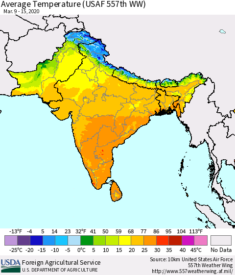 Southern Asia Average Temperature (USAF 557th WW) Thematic Map For 3/9/2020 - 3/15/2020