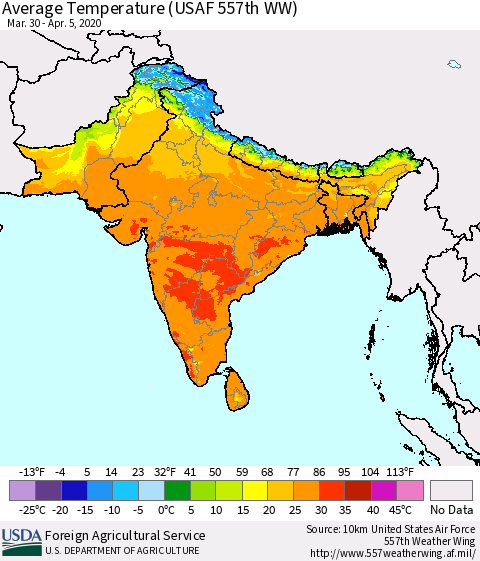 Southern Asia Average Temperature (USAF 557th WW) Thematic Map For 3/30/2020 - 4/5/2020