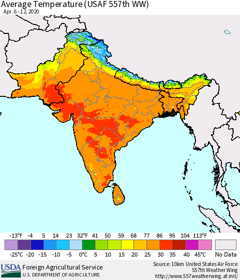 Southern Asia Average Temperature (USAF 557th WW) Thematic Map For 4/6/2020 - 4/12/2020