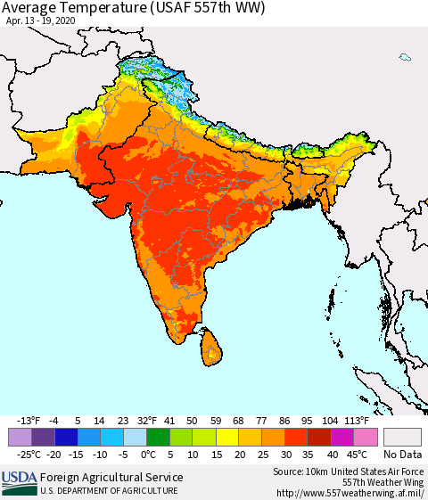 Southern Asia Average Temperature (USAF 557th WW) Thematic Map For 4/13/2020 - 4/19/2020