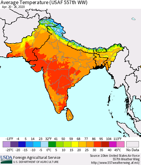 Southern Asia Average Temperature (USAF 557th WW) Thematic Map For 4/20/2020 - 4/26/2020