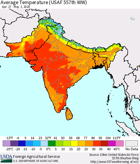 Southern Asia Average Temperature (USAF 557th WW) Thematic Map For 4/27/2020 - 5/3/2020