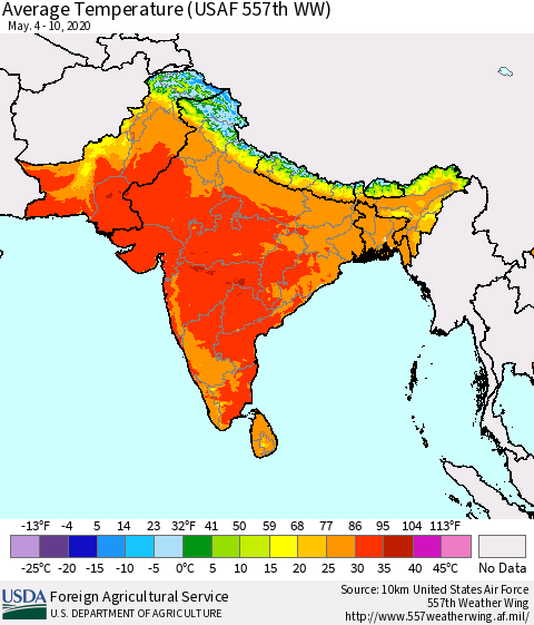 Southern Asia Average Temperature (USAF 557th WW) Thematic Map For 5/4/2020 - 5/10/2020