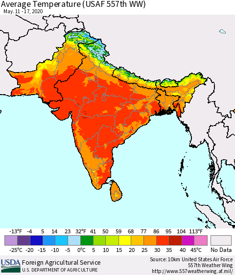 Southern Asia Average Temperature (USAF 557th WW) Thematic Map For 5/11/2020 - 5/17/2020