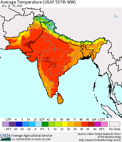 Southern Asia Average Temperature (USAF 557th WW) Thematic Map For 5/18/2020 - 5/24/2020