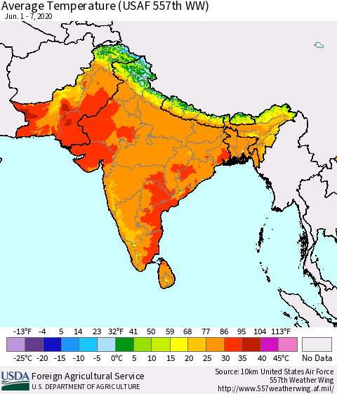 Southern Asia Average Temperature (USAF 557th WW) Thematic Map For 6/1/2020 - 6/7/2020