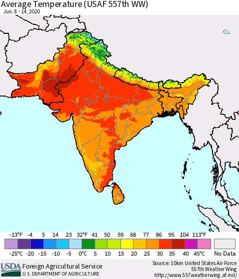 Southern Asia Average Temperature (USAF 557th WW) Thematic Map For 6/8/2020 - 6/14/2020