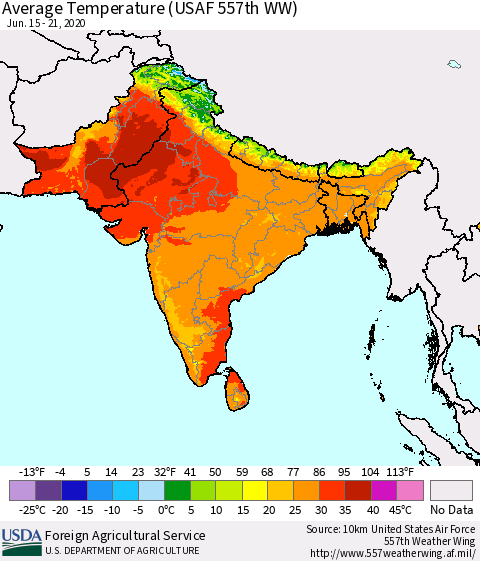 Southern Asia Average Temperature (USAF 557th WW) Thematic Map For 6/15/2020 - 6/21/2020
