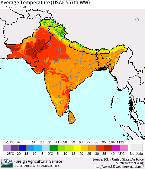 Southern Asia Average Temperature (USAF 557th WW) Thematic Map For 6/22/2020 - 6/28/2020