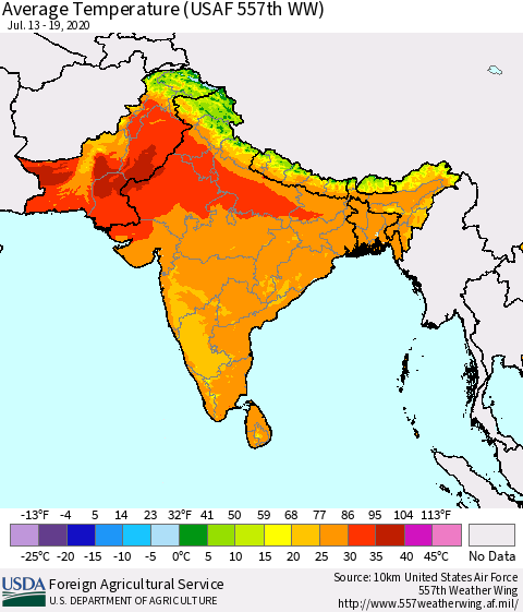 Southern Asia Average Temperature (USAF 557th WW) Thematic Map For 7/13/2020 - 7/19/2020