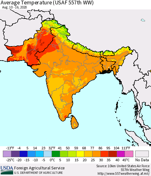 Southern Asia Average Temperature (USAF 557th WW) Thematic Map For 8/10/2020 - 8/16/2020
