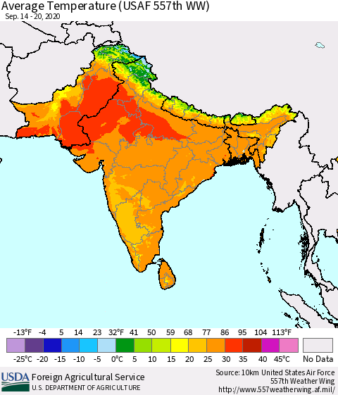 Southern Asia Average Temperature (USAF 557th WW) Thematic Map For 9/14/2020 - 9/20/2020