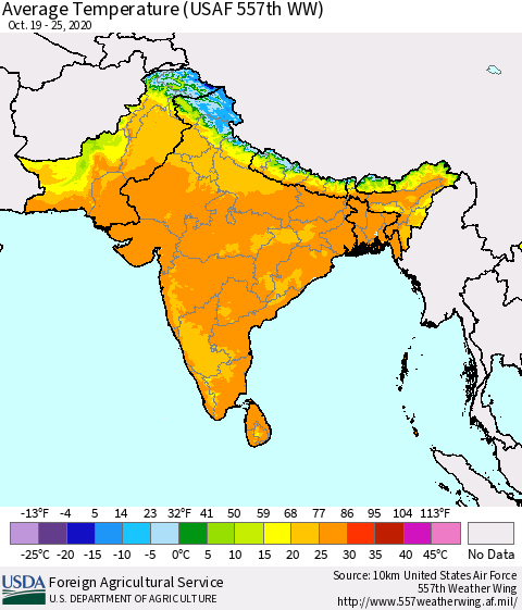 Southern Asia Average Temperature (USAF 557th WW) Thematic Map For 10/19/2020 - 10/25/2020