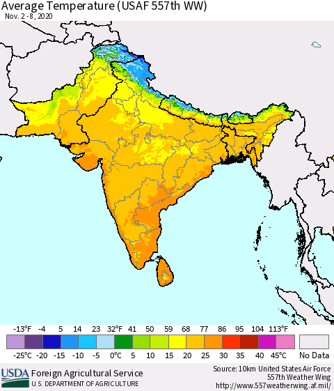 Southern Asia Average Temperature (USAF 557th WW) Thematic Map For 11/2/2020 - 11/8/2020