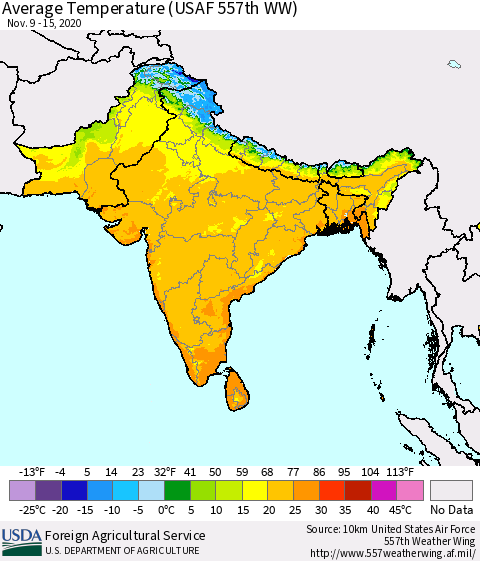 Southern Asia Average Temperature (USAF 557th WW) Thematic Map For 11/9/2020 - 11/15/2020