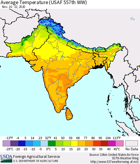 Southern Asia Average Temperature (USAF 557th WW) Thematic Map For 11/16/2020 - 11/22/2020