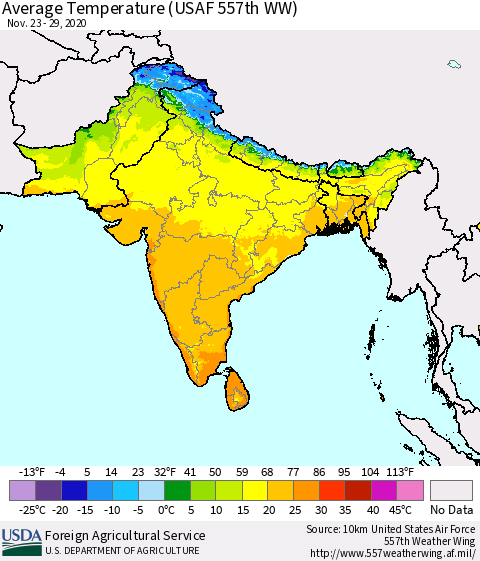 Southern Asia Average Temperature (USAF 557th WW) Thematic Map For 11/23/2020 - 11/29/2020