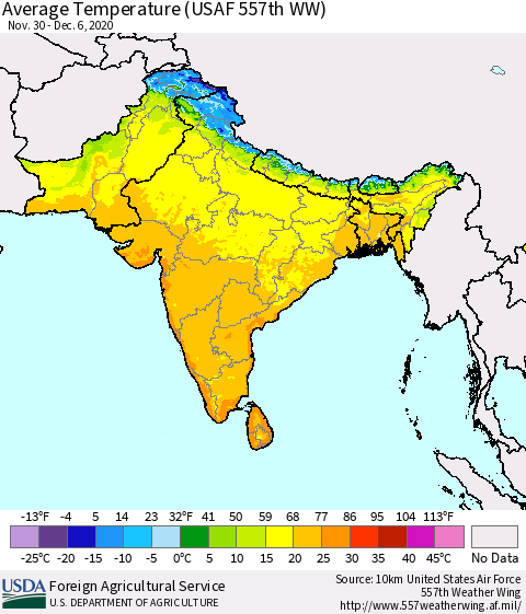 Southern Asia Average Temperature (USAF 557th WW) Thematic Map For 11/30/2020 - 12/6/2020