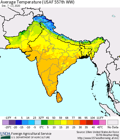 Southern Asia Average Temperature (USAF 557th WW) Thematic Map For 12/7/2020 - 12/13/2020