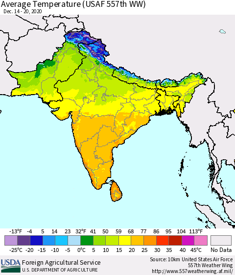 Southern Asia Average Temperature (USAF 557th WW) Thematic Map For 12/14/2020 - 12/20/2020