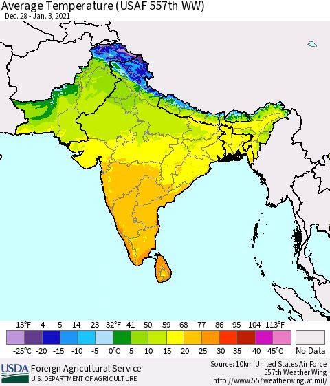 Southern Asia Average Temperature (USAF 557th WW) Thematic Map For 12/28/2020 - 1/3/2021