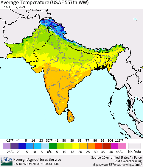 Southern Asia Average Temperature (USAF 557th WW) Thematic Map For 1/11/2021 - 1/17/2021