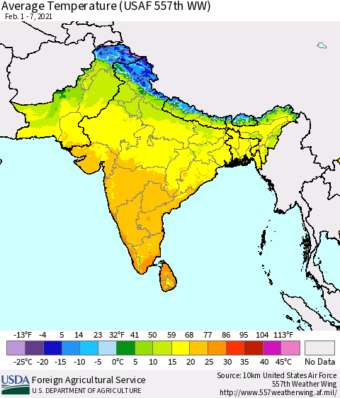 Southern Asia Average Temperature (USAF 557th WW) Thematic Map For 2/1/2021 - 2/7/2021