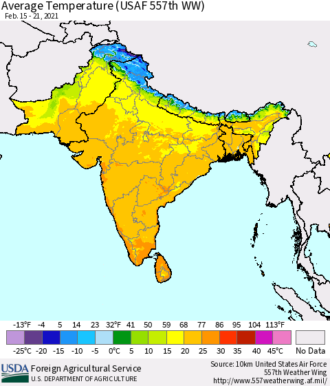 Southern Asia Average Temperature (USAF 557th WW) Thematic Map For 2/15/2021 - 2/21/2021