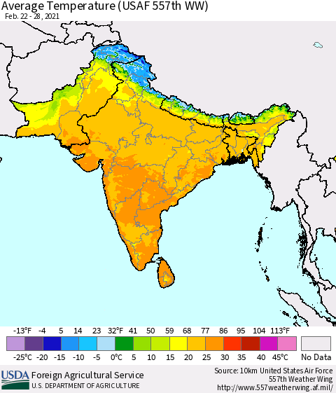 Southern Asia Average Temperature (USAF 557th WW) Thematic Map For 2/22/2021 - 2/28/2021