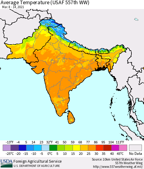 Southern Asia Average Temperature (USAF 557th WW) Thematic Map For 3/8/2021 - 3/14/2021