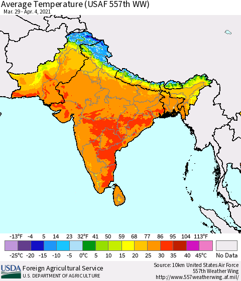 Southern Asia Average Temperature (USAF 557th WW) Thematic Map For 3/29/2021 - 4/4/2021