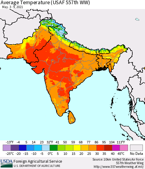 Southern Asia Average Temperature (USAF 557th WW) Thematic Map For 5/3/2021 - 5/9/2021