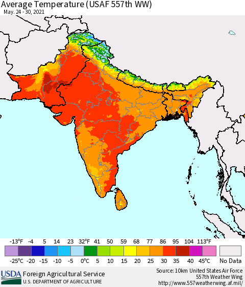 Southern Asia Average Temperature (USAF 557th WW) Thematic Map For 5/24/2021 - 5/30/2021