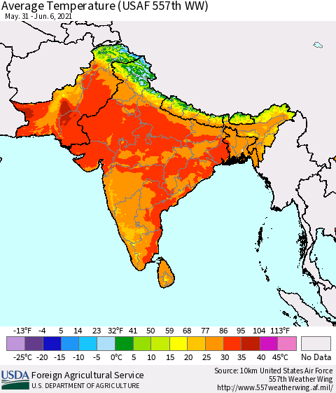Southern Asia Average Temperature (USAF 557th WW) Thematic Map For 5/31/2021 - 6/6/2021