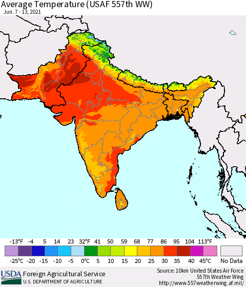 Southern Asia Average Temperature (USAF 557th WW) Thematic Map For 6/7/2021 - 6/13/2021