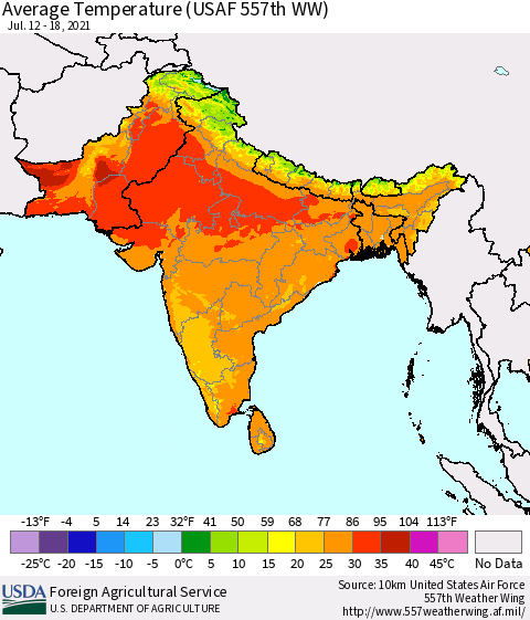 Southern Asia Average Temperature (USAF 557th WW) Thematic Map For 7/12/2021 - 7/18/2021