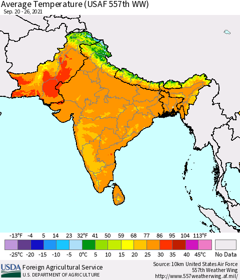 Southern Asia Average Temperature (USAF 557th WW) Thematic Map For 9/20/2021 - 9/26/2021