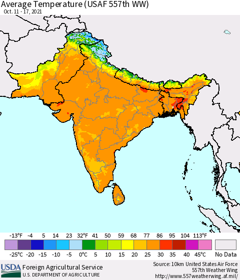 Southern Asia Average Temperature (USAF 557th WW) Thematic Map For 10/11/2021 - 10/17/2021