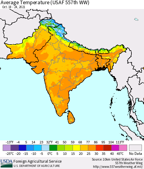 Southern Asia Average Temperature (USAF 557th WW) Thematic Map For 10/18/2021 - 10/24/2021