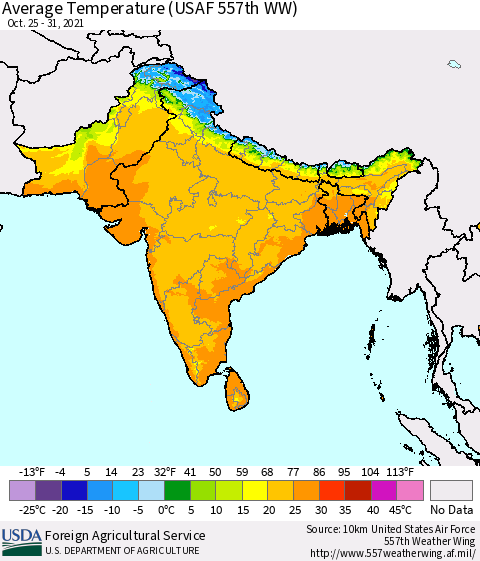 Southern Asia Average Temperature (USAF 557th WW) Thematic Map For 10/25/2021 - 10/31/2021