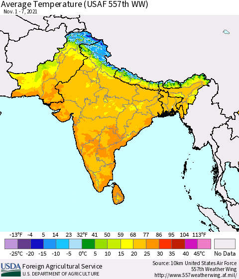 Southern Asia Average Temperature (USAF 557th WW) Thematic Map For 11/1/2021 - 11/7/2021