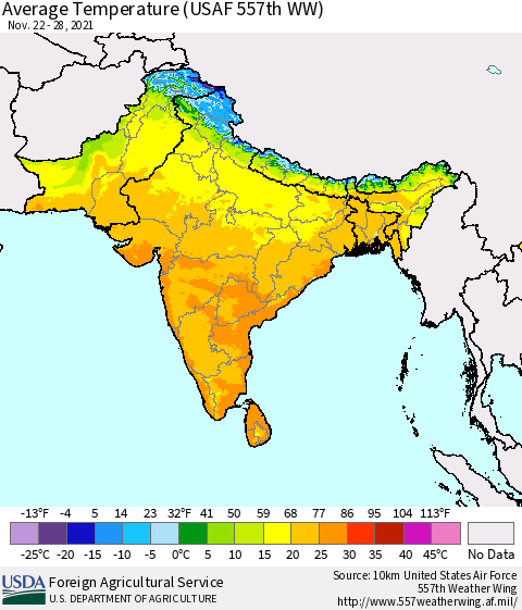 Southern Asia Average Temperature (USAF 557th WW) Thematic Map For 11/22/2021 - 11/28/2021