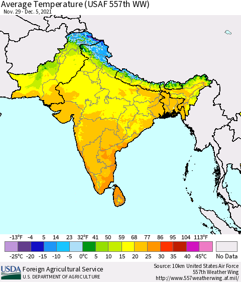 Southern Asia Average Temperature (USAF 557th WW) Thematic Map For 11/29/2021 - 12/5/2021