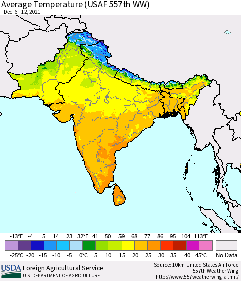 Southern Asia Average Temperature (USAF 557th WW) Thematic Map For 12/6/2021 - 12/12/2021