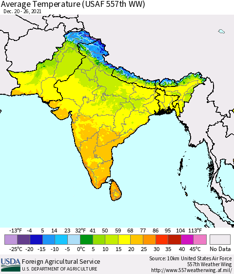 Southern Asia Average Temperature (USAF 557th WW) Thematic Map For 12/20/2021 - 12/26/2021