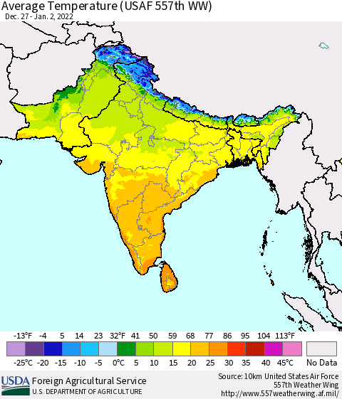 Southern Asia Average Temperature (USAF 557th WW) Thematic Map For 12/27/2021 - 1/2/2022