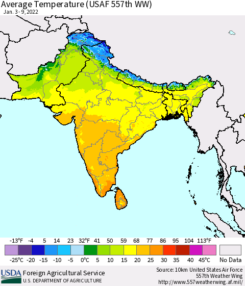 Southern Asia Average Temperature (USAF 557th WW) Thematic Map For 1/3/2022 - 1/9/2022