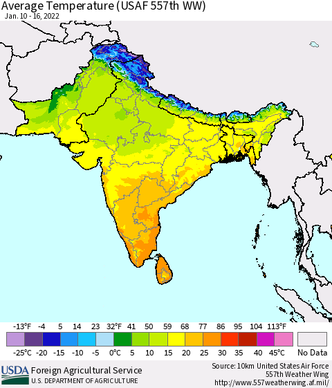 Southern Asia Average Temperature (USAF 557th WW) Thematic Map For 1/10/2022 - 1/16/2022