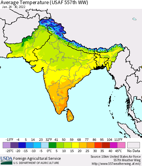 Southern Asia Average Temperature (USAF 557th WW) Thematic Map For 1/24/2022 - 1/30/2022